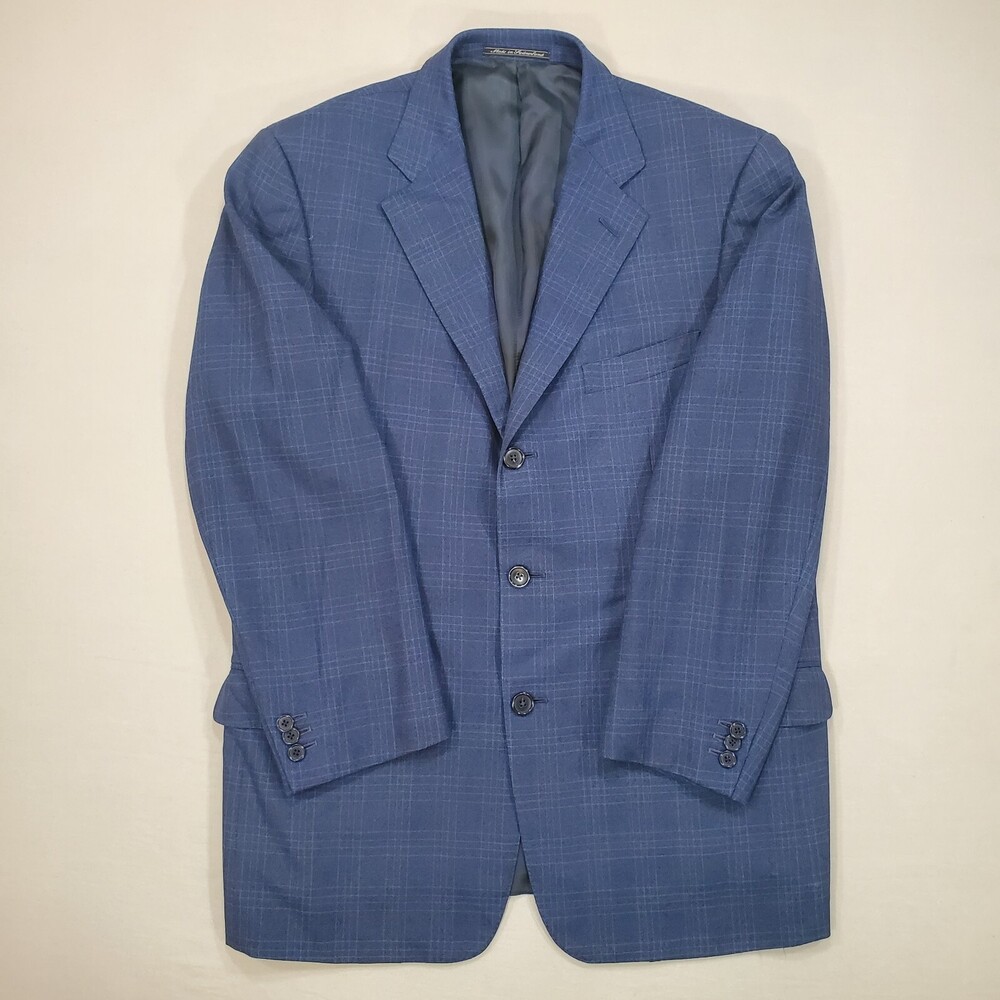 Ermenegildo Zegna Sport Coat Men 52R Blue Windowpane Double Vent Wool Blazer